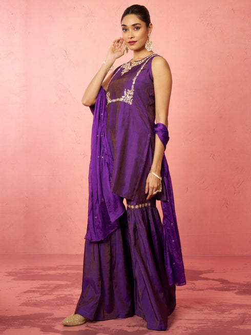 Women's Purple Cotton Kurta Sharara Set